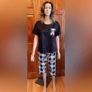 NWOT Black and White Checkered Pajama Set with Red Heart Accents Size Medium